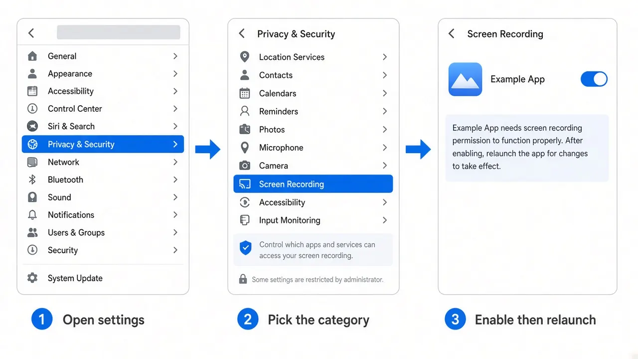 Three-step path for granting screen recording: open System Settings, choose Privacy and Security, then enable the app switch and relaunch.