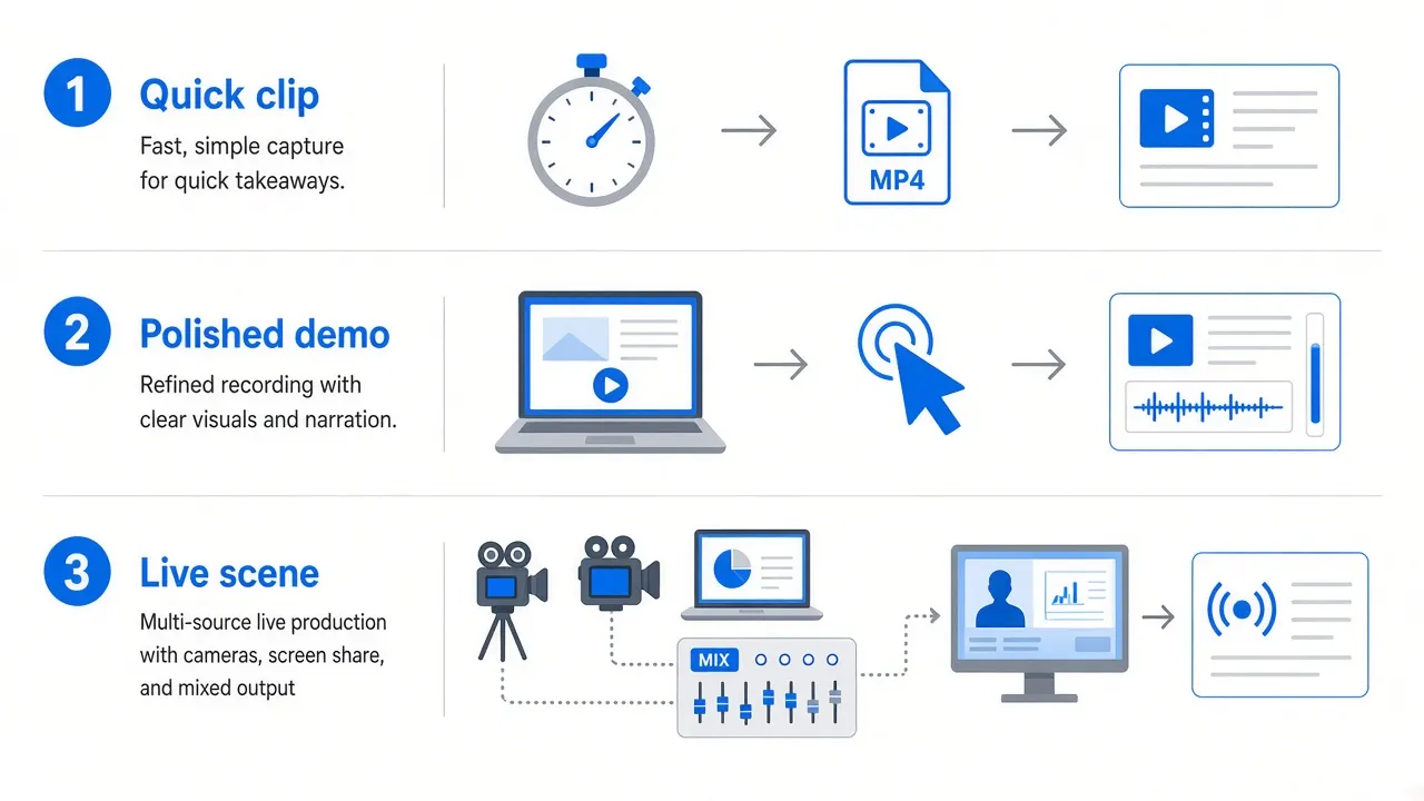 Three recording jobs compared: a quick clip, a polished demo with zoom, and a live scene with multiple sources.